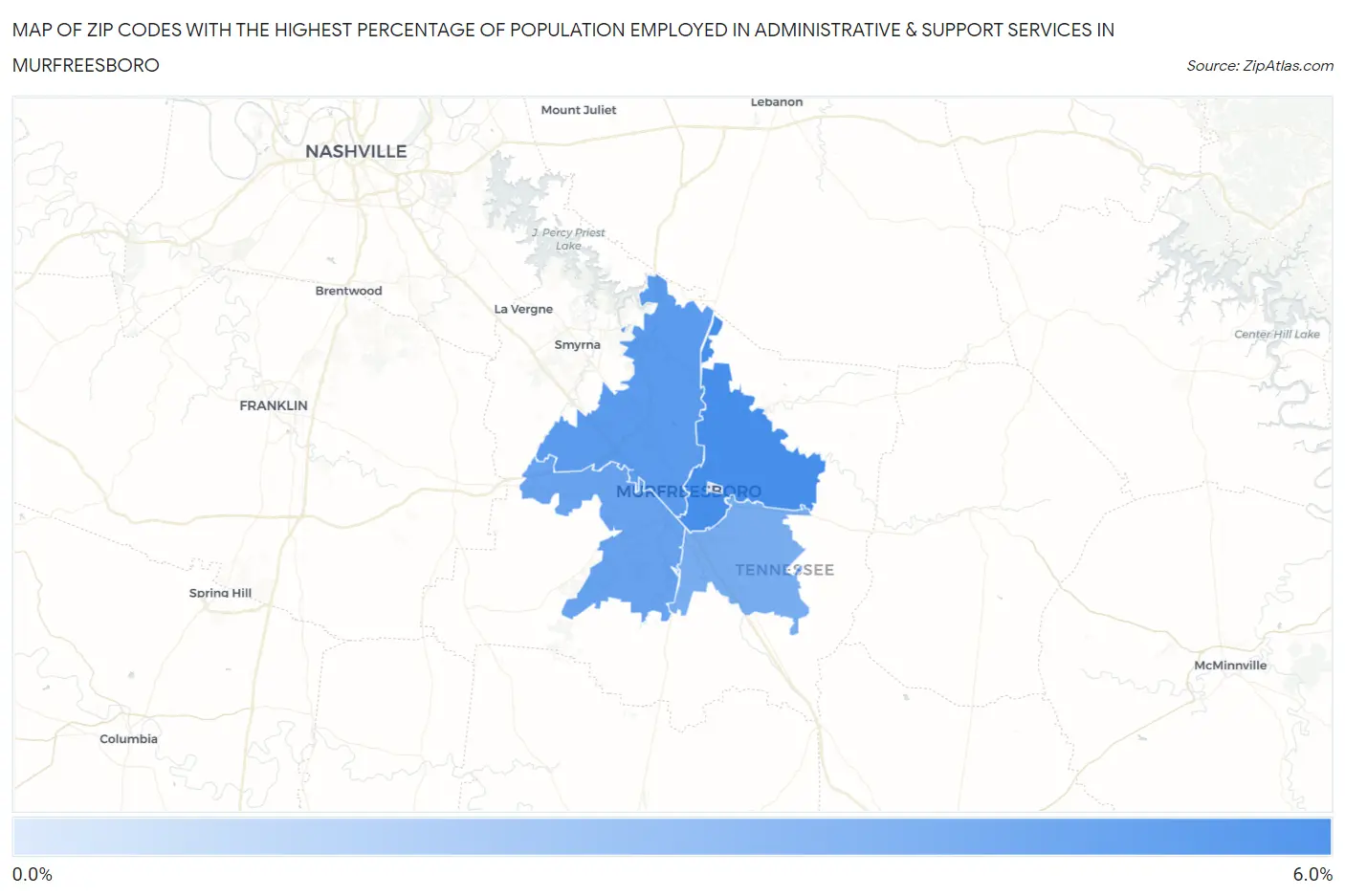 Zip Codes with the Highest Percentage of Population Employed in Administrative & Support Services in Murfreesboro Map