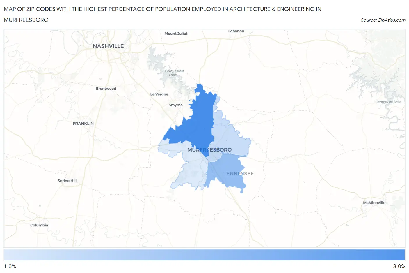 Zip Codes with the Highest Percentage of Population Employed in Architecture & Engineering in Murfreesboro Map