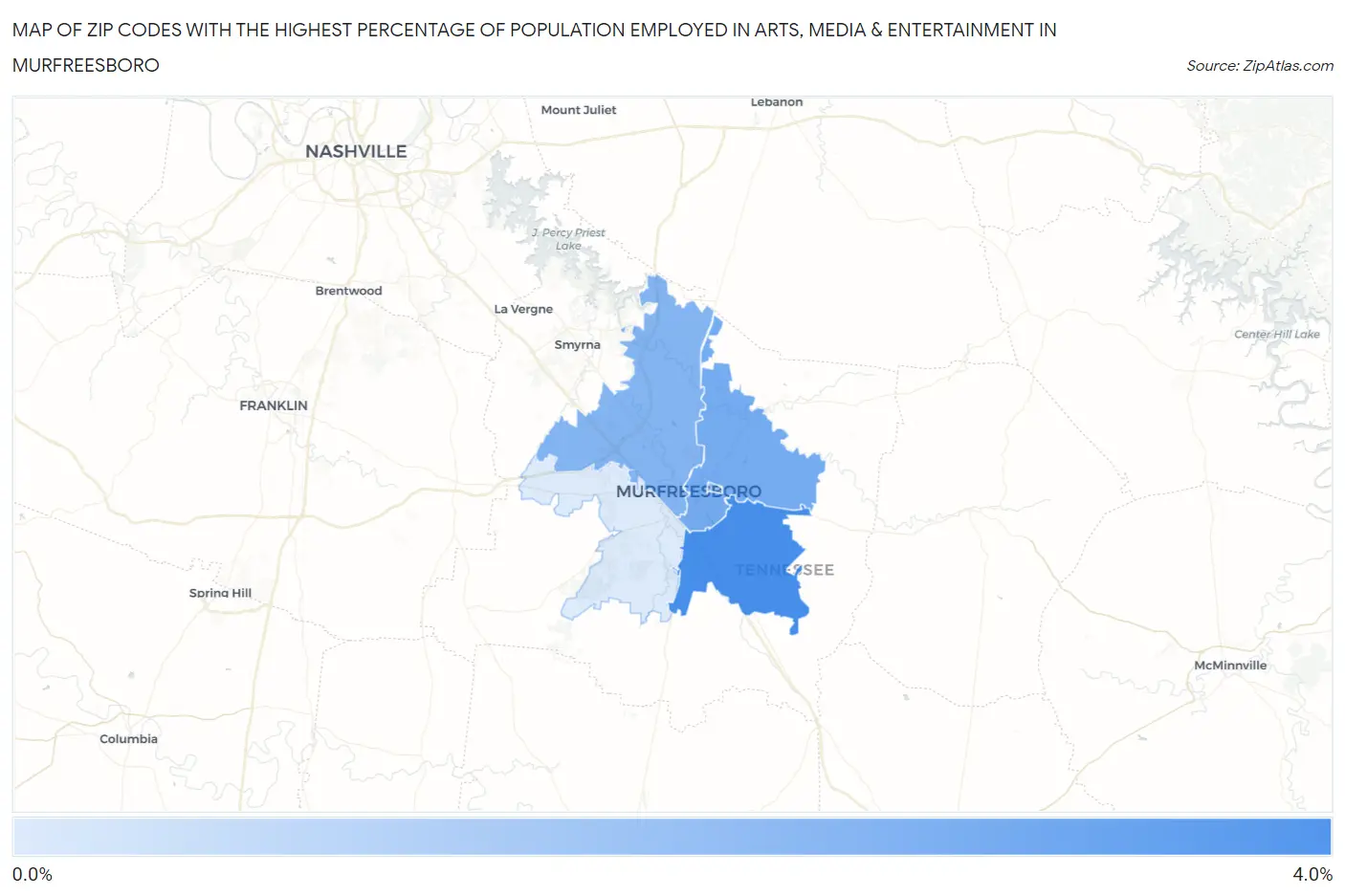Zip Codes with the Highest Percentage of Population Employed in Arts, Media & Entertainment in Murfreesboro Map
