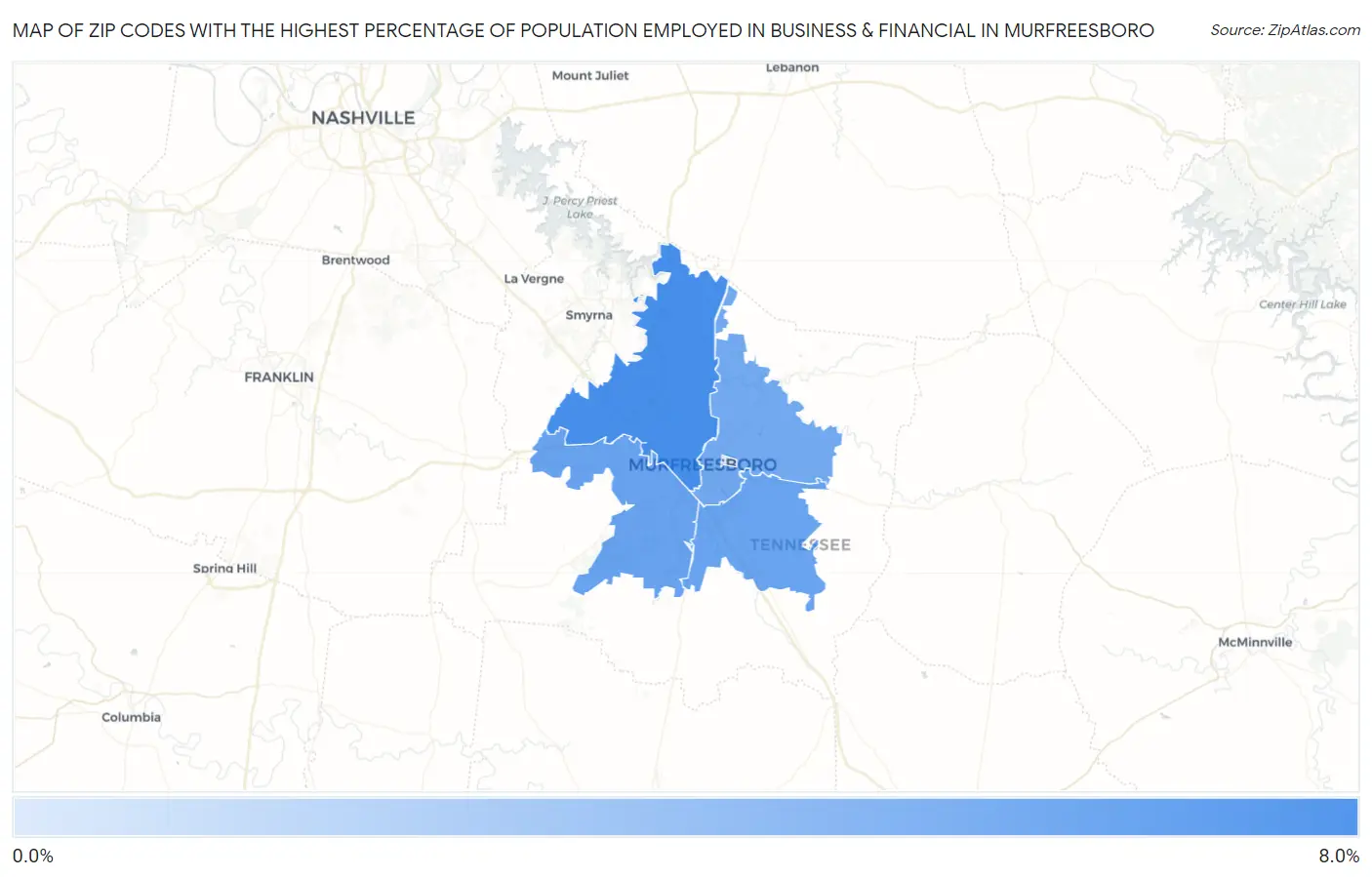 Zip Codes with the Highest Percentage of Population Employed in Business & Financial in Murfreesboro Map