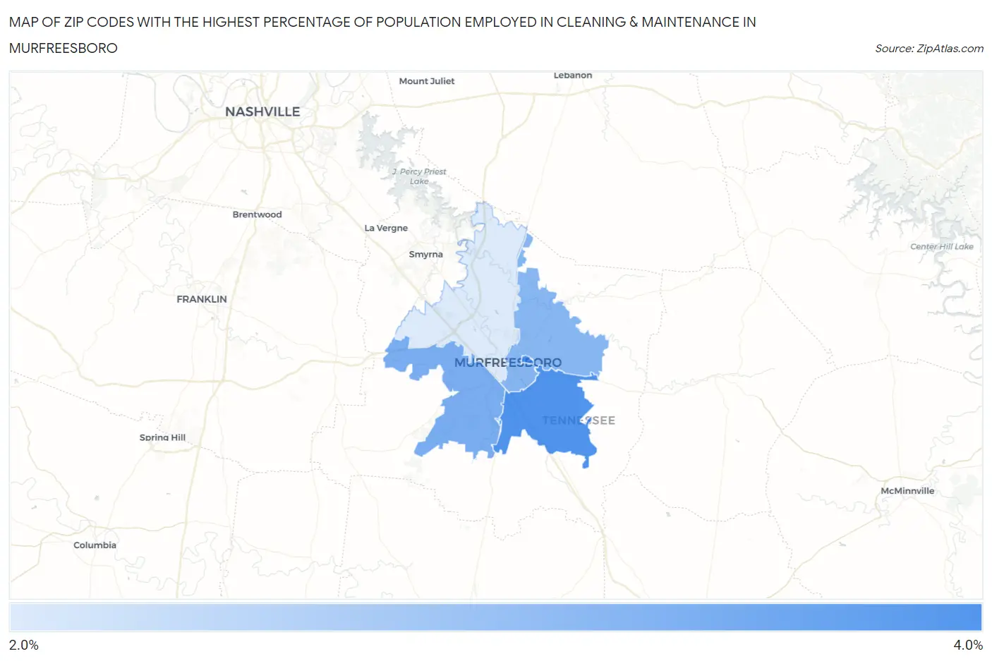 Zip Codes with the Highest Percentage of Population Employed in Cleaning & Maintenance in Murfreesboro Map