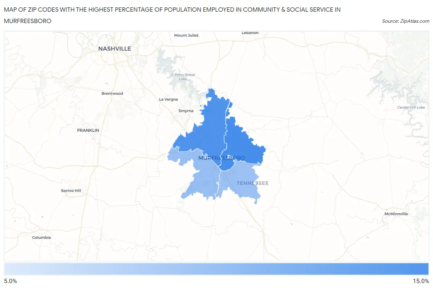 Zip Codes with the Highest Percentage of Population Employed in Community & Social Service  in Murfreesboro Map