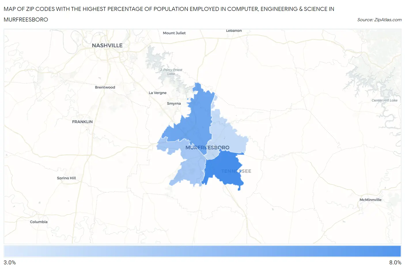 Zip Codes with the Highest Percentage of Population Employed in Computer, Engineering & Science in Murfreesboro Map