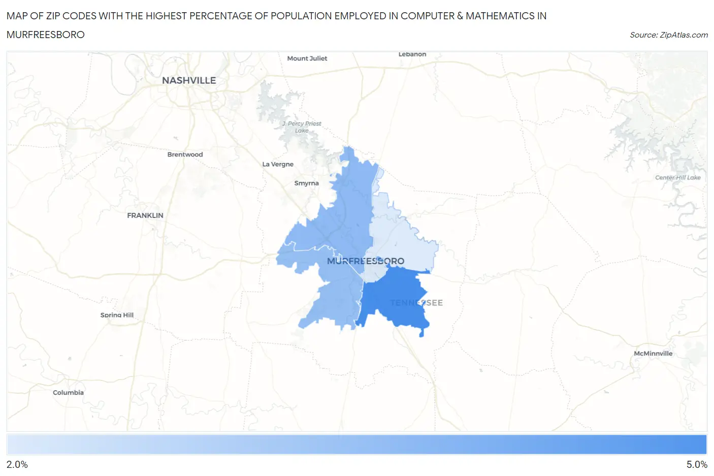 Zip Codes with the Highest Percentage of Population Employed in Computer & Mathematics in Murfreesboro Map