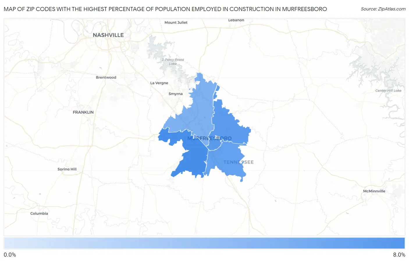 Zip Codes with the Highest Percentage of Population Employed in Construction in Murfreesboro Map