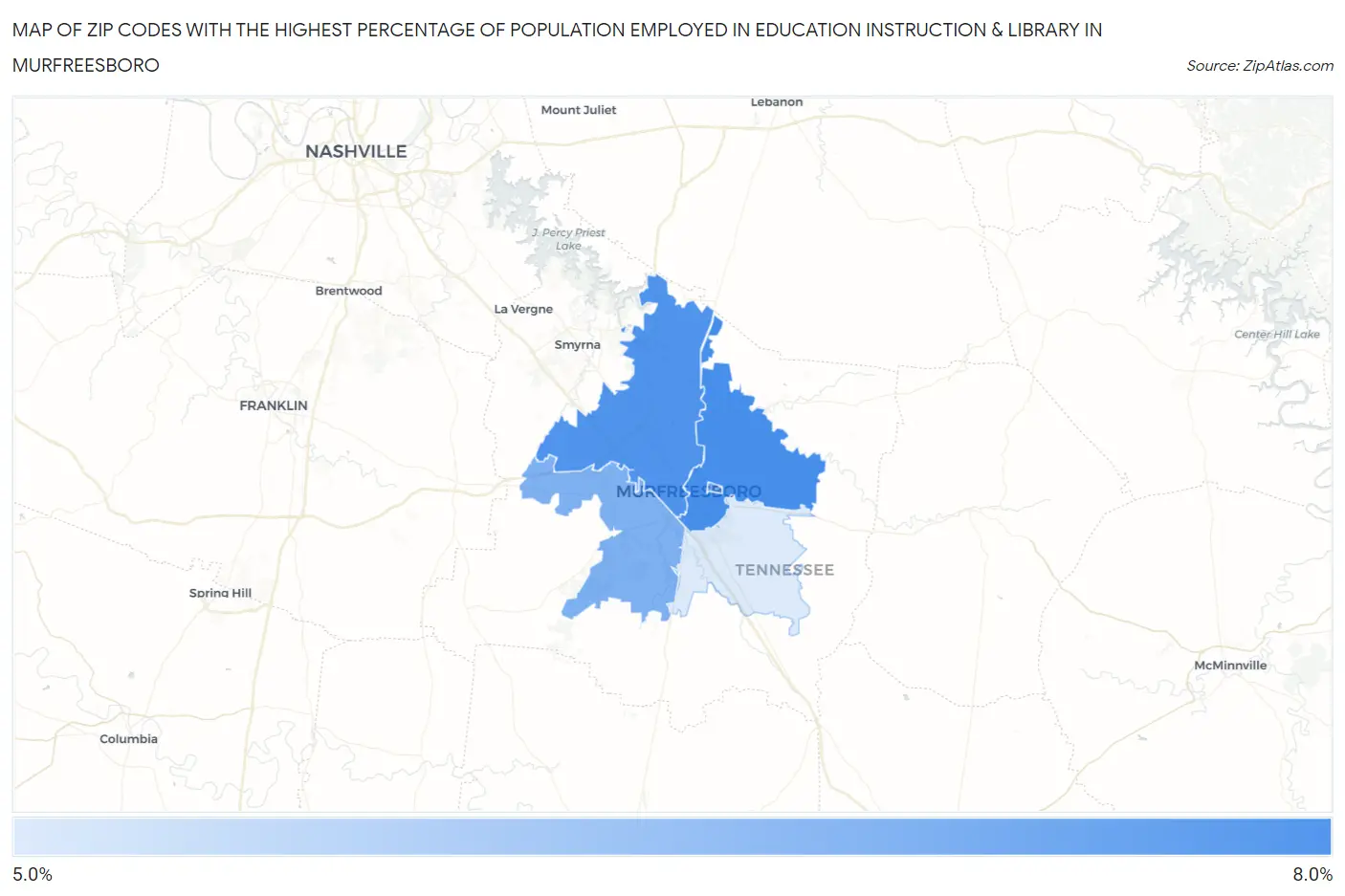 Zip Codes with the Highest Percentage of Population Employed in Education Instruction & Library in Murfreesboro Map