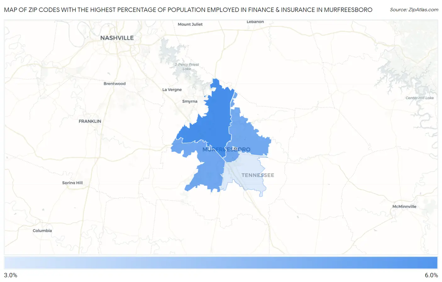 Zip Codes with the Highest Percentage of Population Employed in Finance & Insurance in Murfreesboro Map