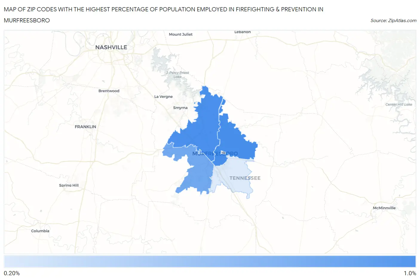 Zip Codes with the Highest Percentage of Population Employed in Firefighting & Prevention in Murfreesboro Map
