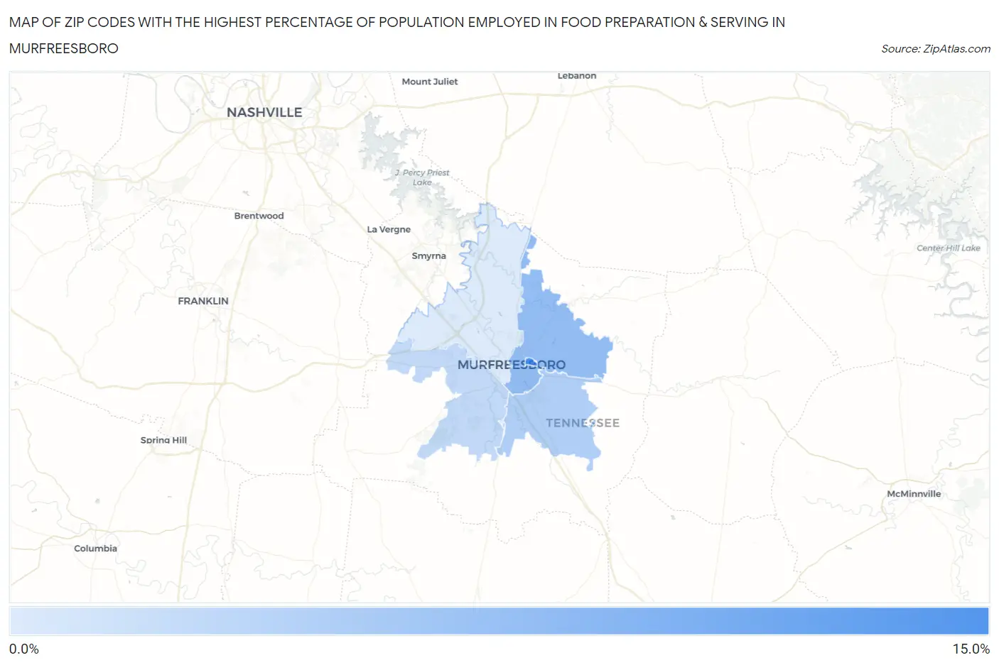 Zip Codes with the Highest Percentage of Population Employed in Food Preparation & Serving in Murfreesboro Map