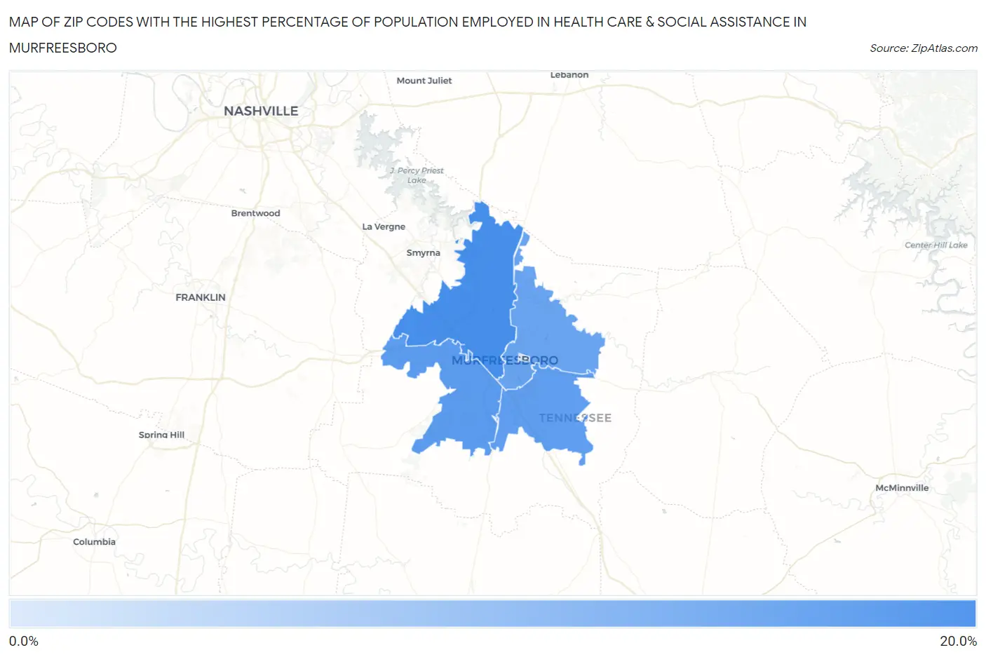 Zip Codes with the Highest Percentage of Population Employed in Health Care & Social Assistance in Murfreesboro Map