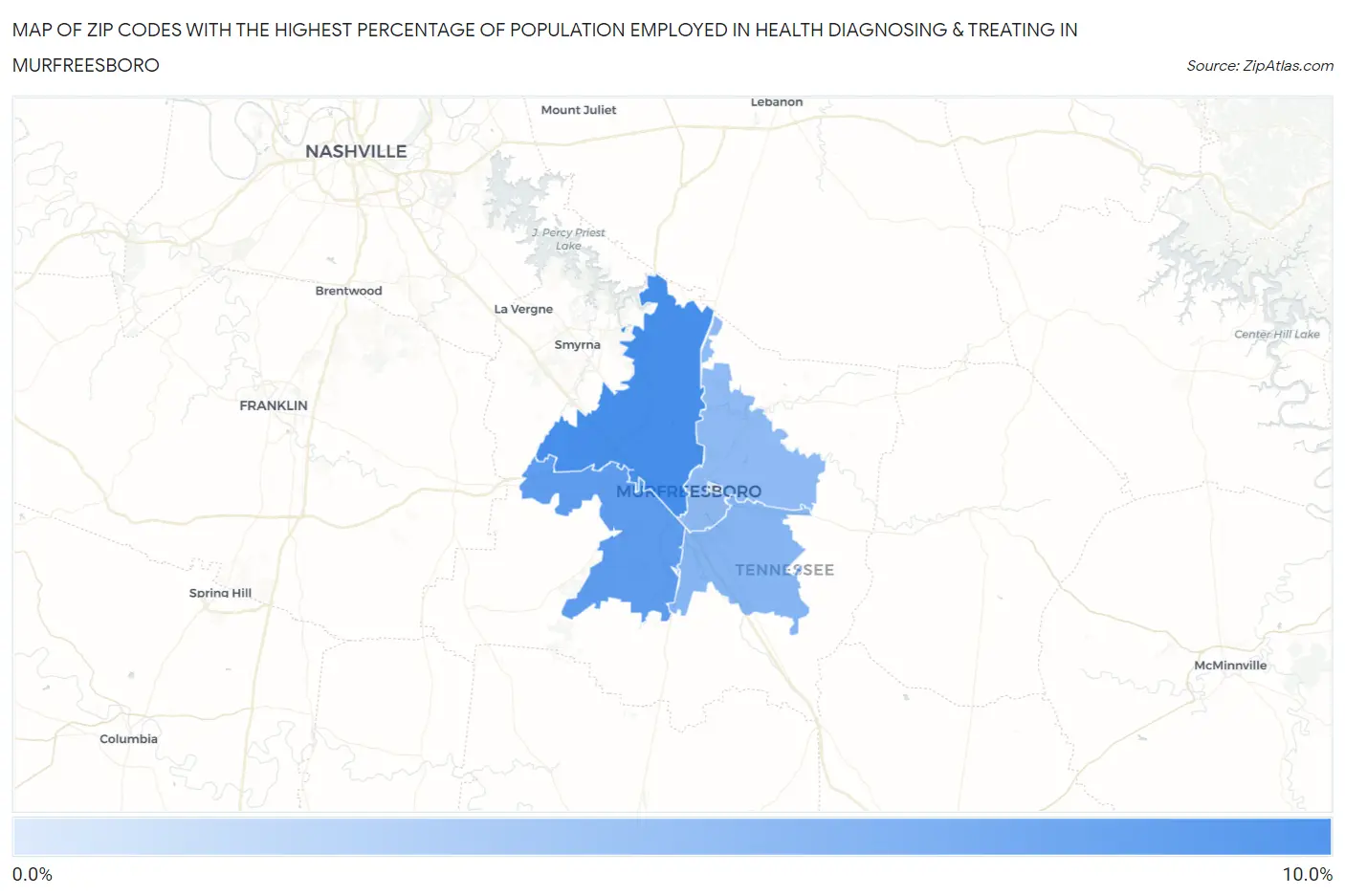 Zip Codes with the Highest Percentage of Population Employed in Health Diagnosing & Treating in Murfreesboro Map