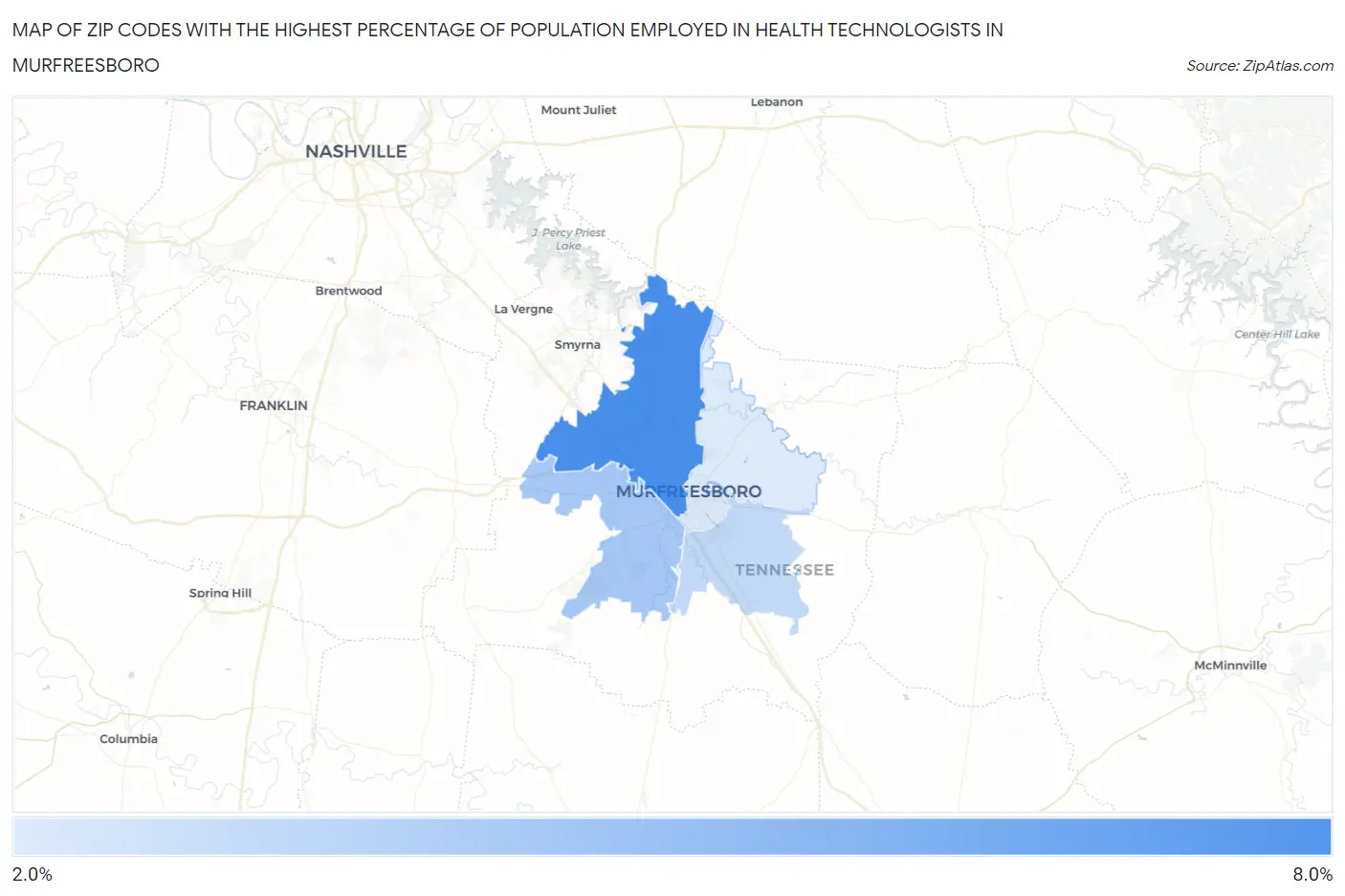Zip Codes with the Highest Percentage of Population Employed in Health Technologists in Murfreesboro Map