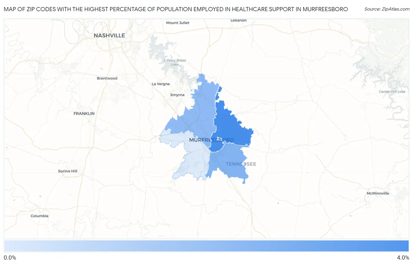 Zip Codes with the Highest Percentage of Population Employed in Healthcare Support in Murfreesboro Map