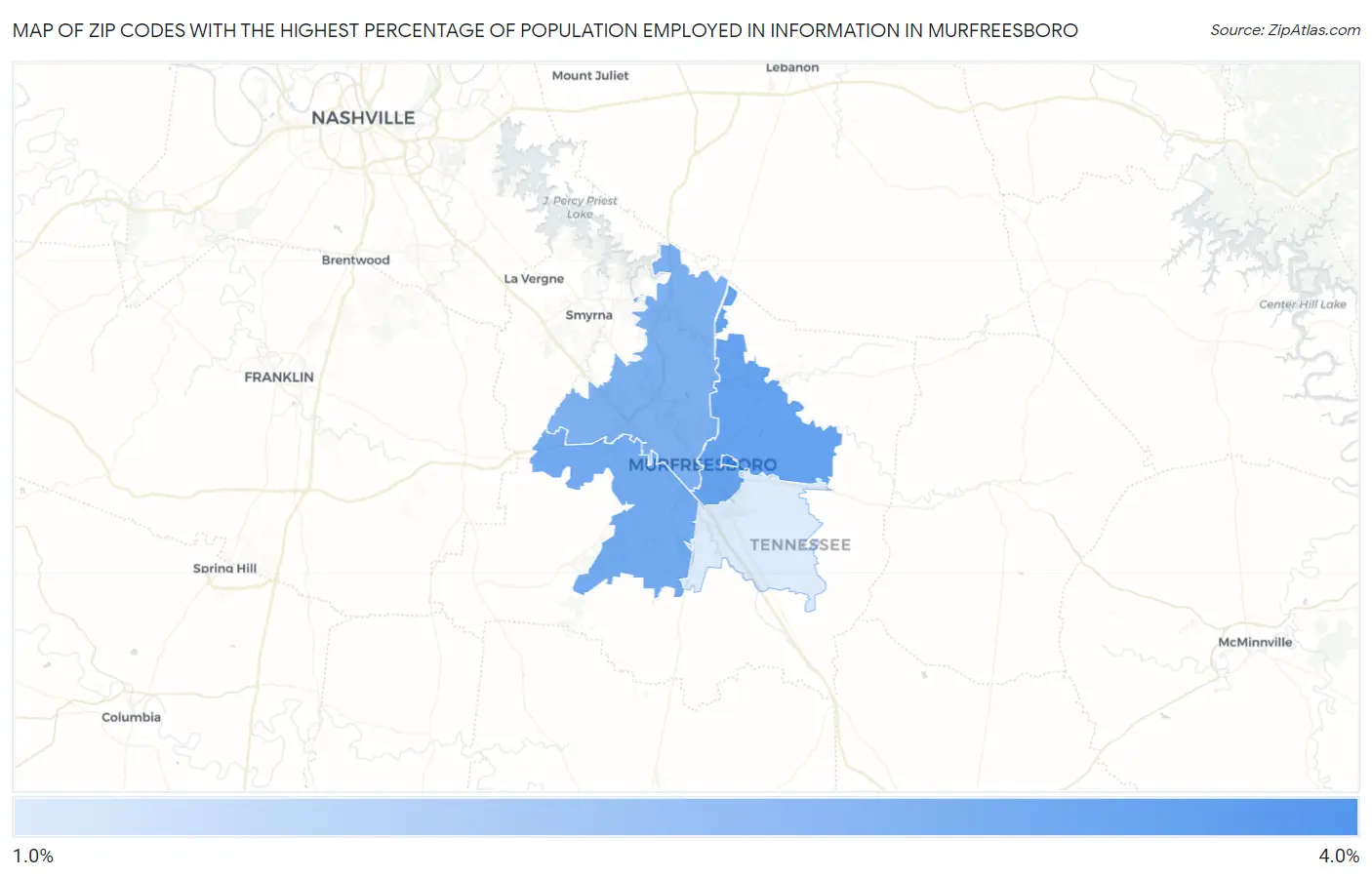 Zip Codes with the Highest Percentage of Population Employed in Information in Murfreesboro Map
