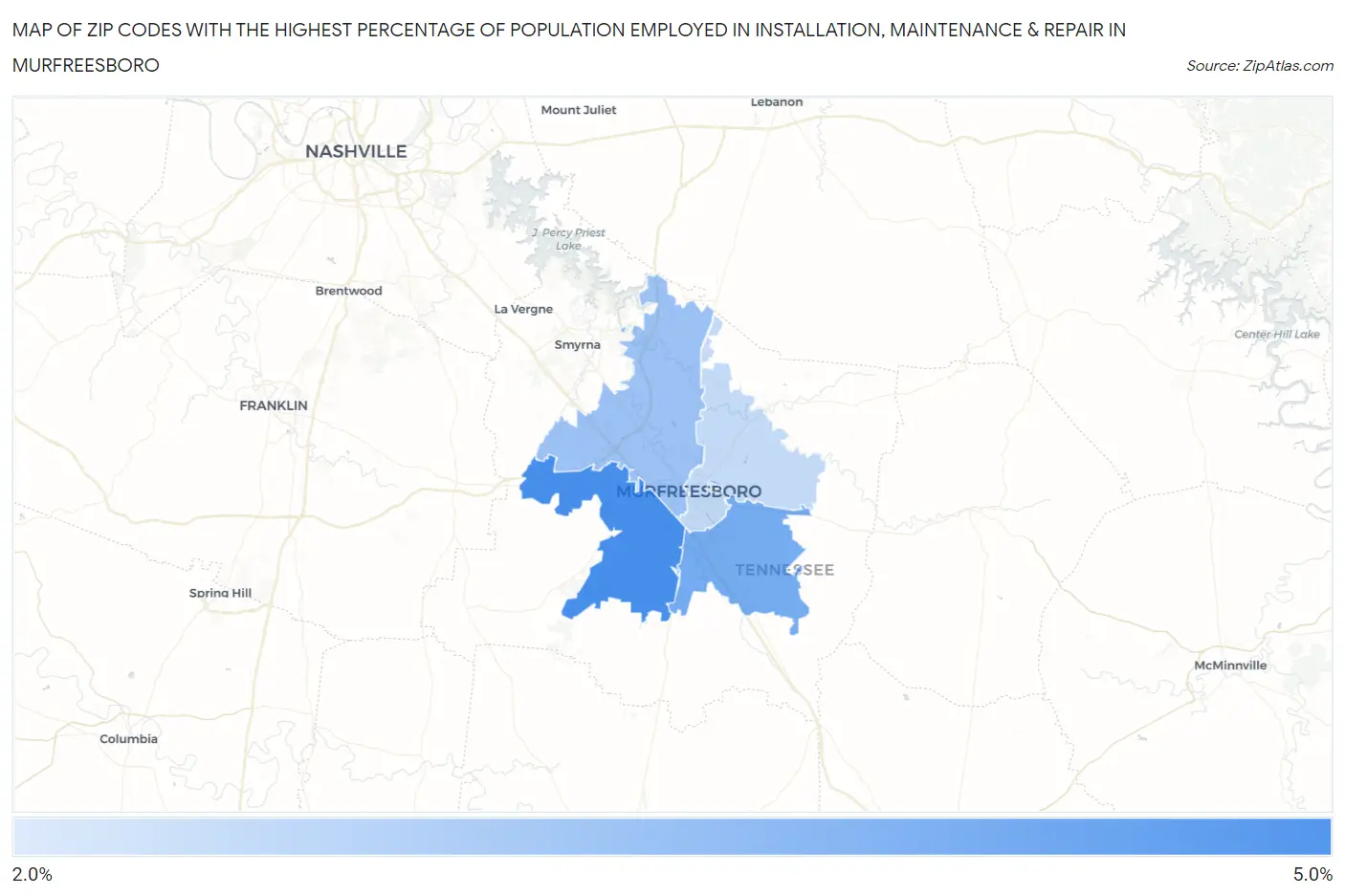 Zip Codes with the Highest Percentage of Population Employed in Installation, Maintenance & Repair in Murfreesboro Map