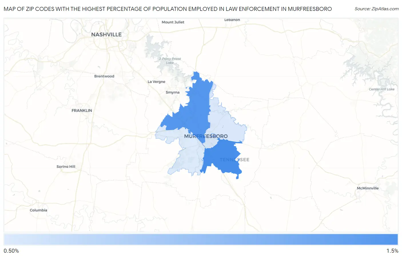 Zip Codes with the Highest Percentage of Population Employed in Law Enforcement in Murfreesboro Map