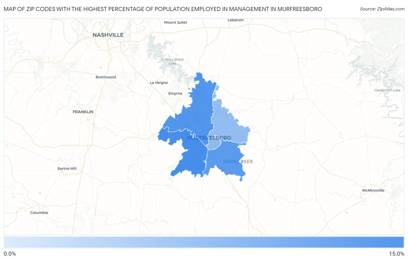 Zip Codes with the Highest Percentage of Population Employed in Management in Murfreesboro Map