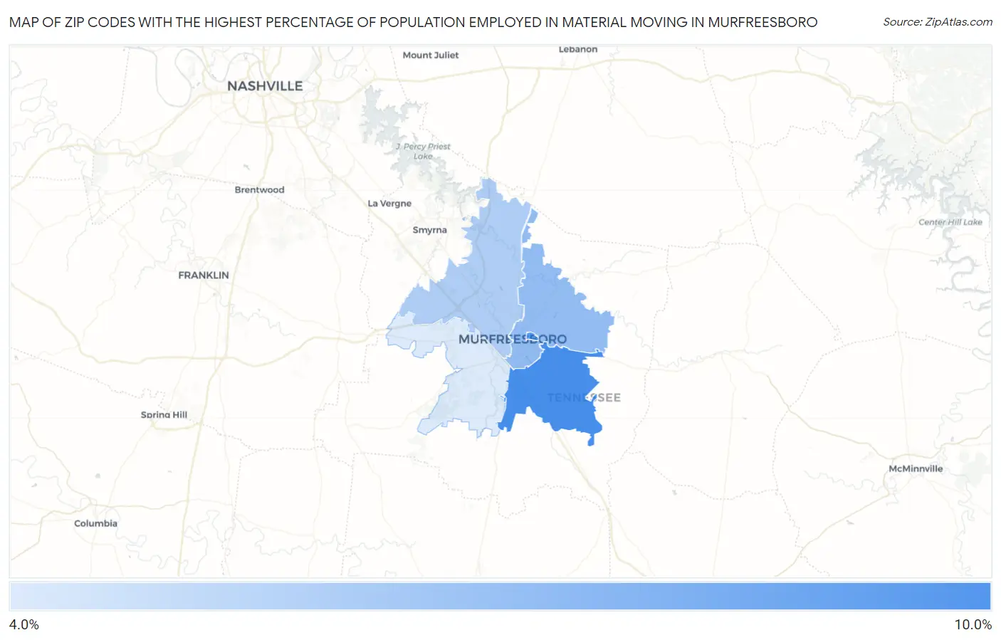 Zip Codes with the Highest Percentage of Population Employed in Material Moving in Murfreesboro Map
