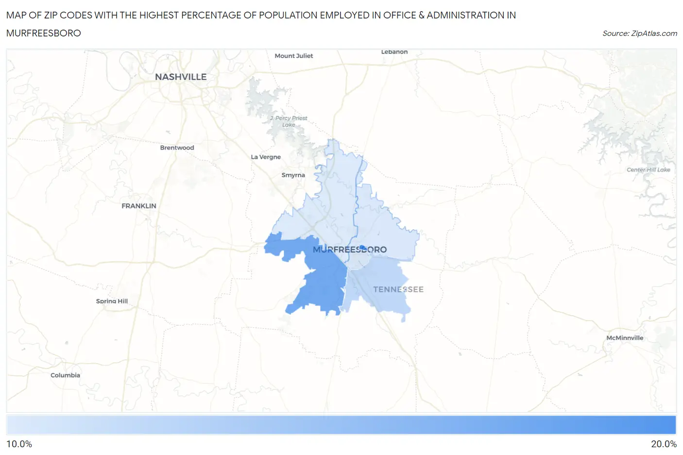 Zip Codes with the Highest Percentage of Population Employed in Office & Administration in Murfreesboro Map
