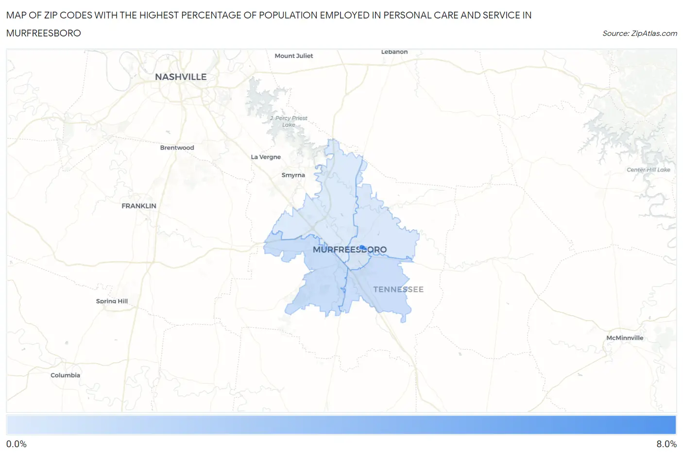 Zip Codes with the Highest Percentage of Population Employed in Personal Care and Service in Murfreesboro Map
