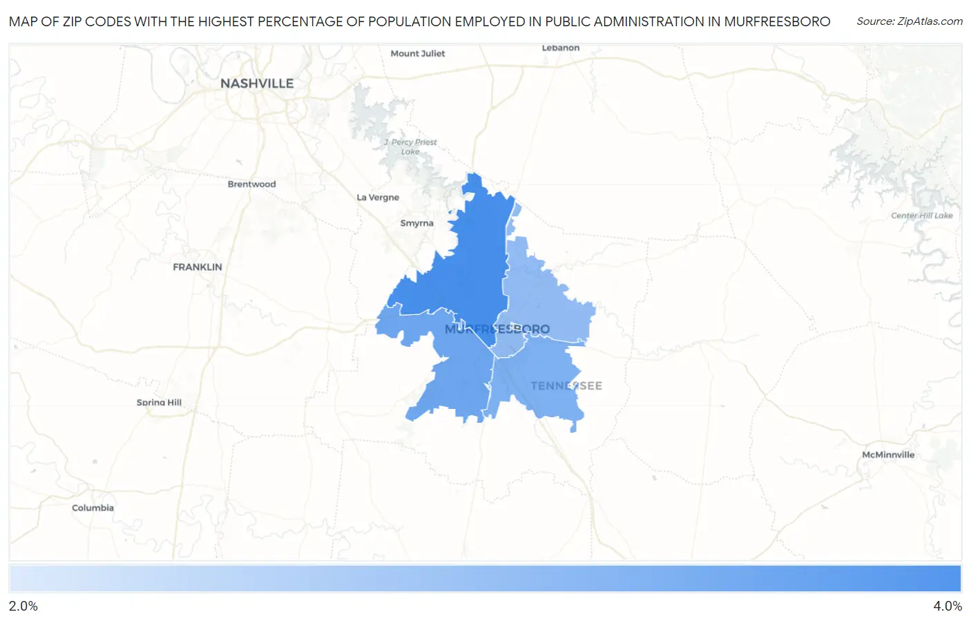 Zip Codes with the Highest Percentage of Population Employed in Public Administration in Murfreesboro Map