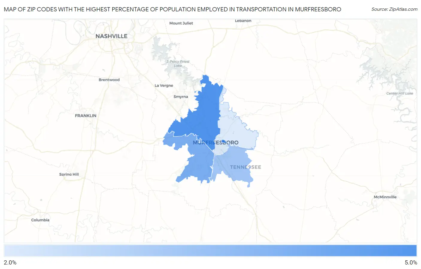 Zip Codes with the Highest Percentage of Population Employed in Transportation in Murfreesboro Map