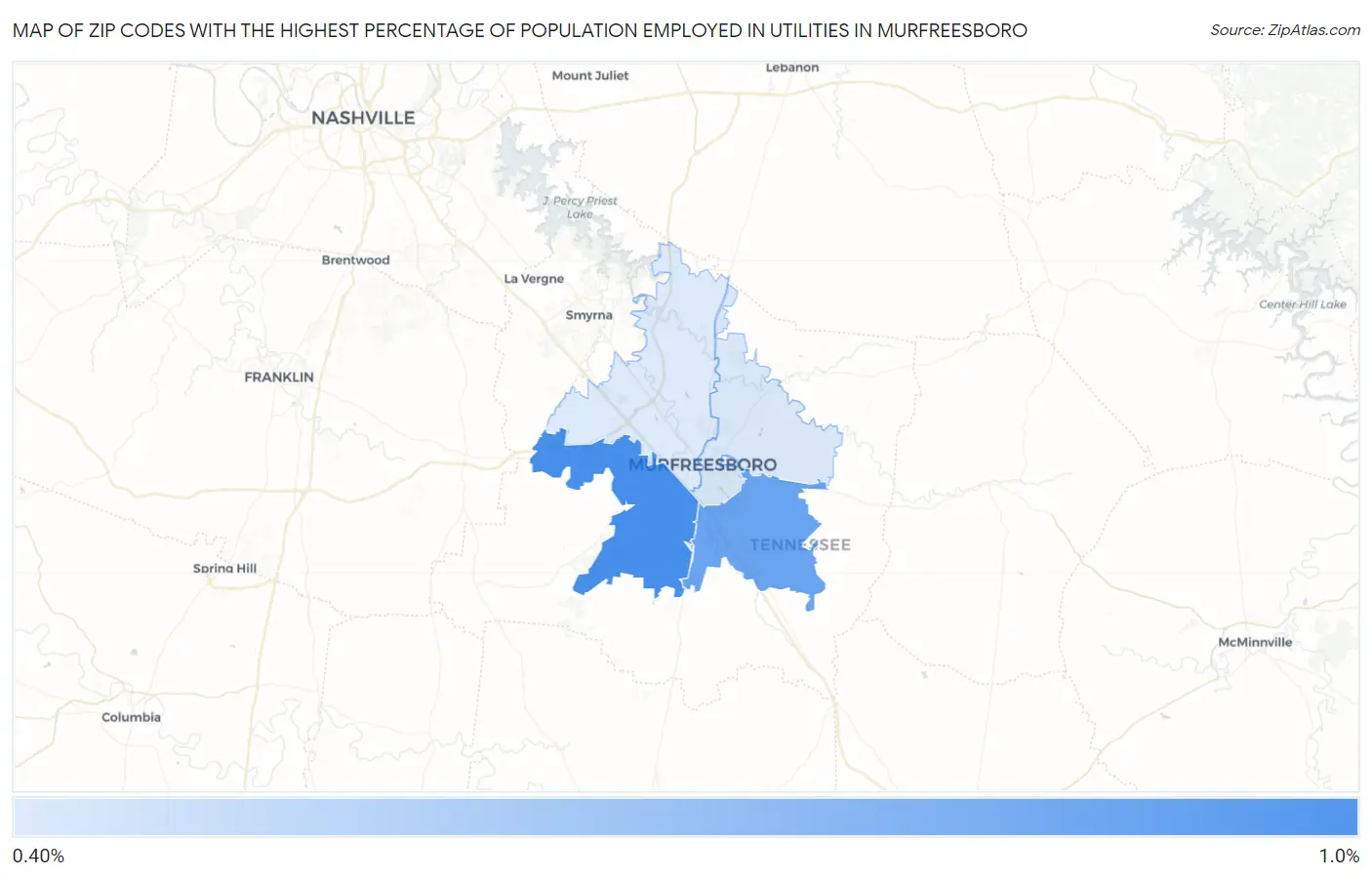 Zip Codes with the Highest Percentage of Population Employed in Utilities in Murfreesboro Map