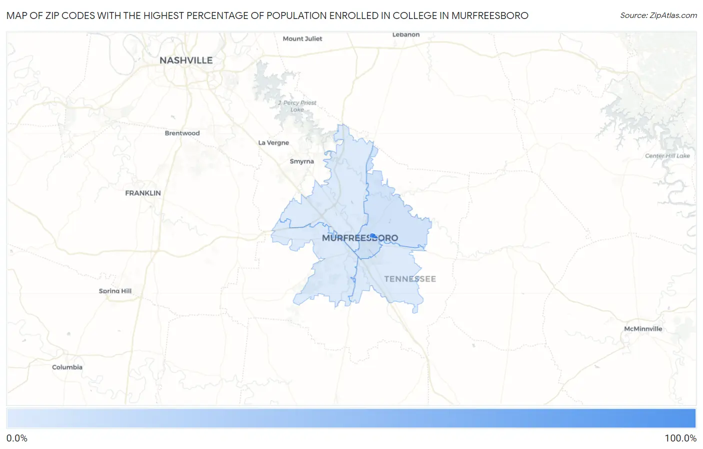 Zip Codes with the Highest Percentage of Population Enrolled in College in Murfreesboro Map