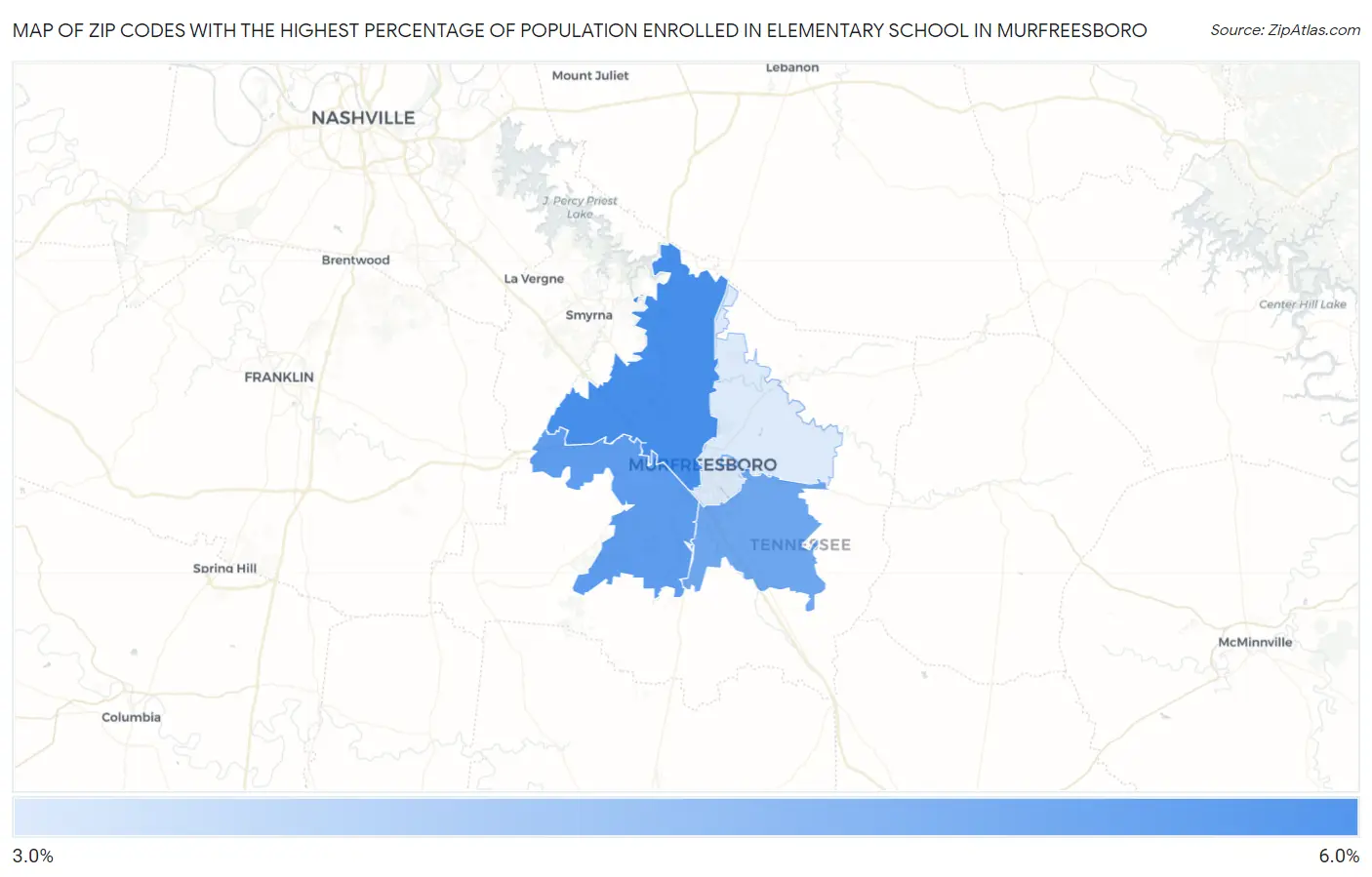 Zip Codes with the Highest Percentage of Population Enrolled in Elementary School in Murfreesboro Map