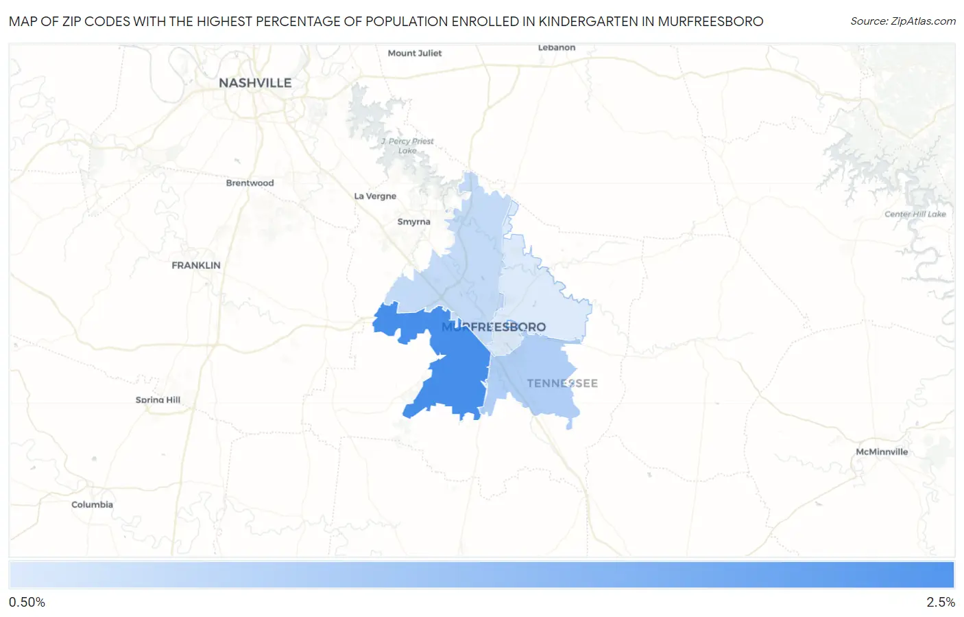 Zip Codes with the Highest Percentage of Population Enrolled in Kindergarten in Murfreesboro Map