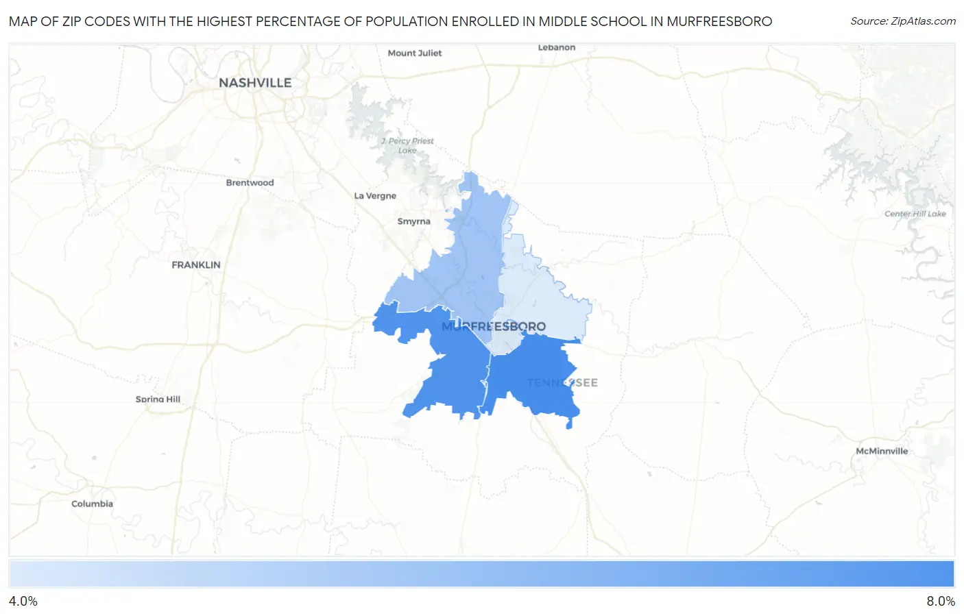 Zip Codes with the Highest Percentage of Population Enrolled in Middle School in Murfreesboro Map