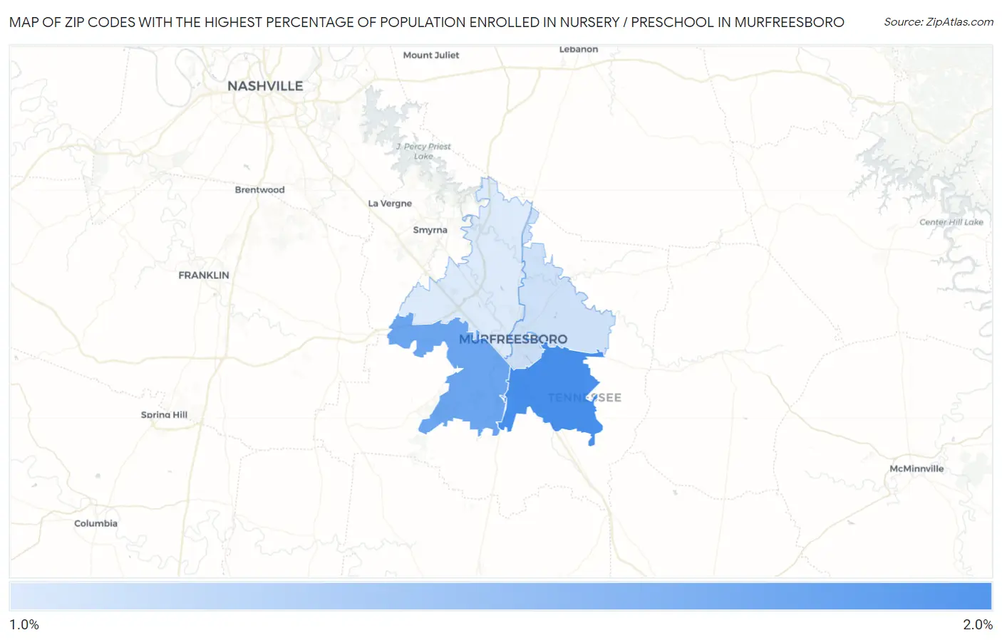 Zip Codes with the Highest Percentage of Population Enrolled in Nursery / Preschool in Murfreesboro Map
