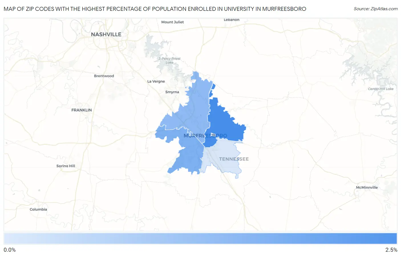 Zip Codes with the Highest Percentage of Population Enrolled in University in Murfreesboro Map