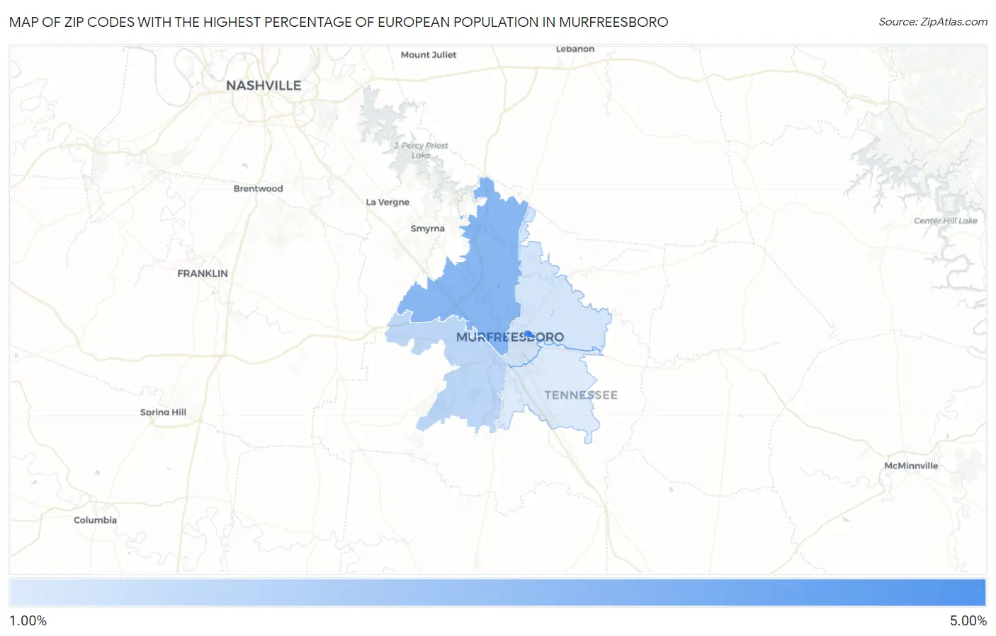 Zip Codes with the Highest Percentage of European Population in Murfreesboro Map