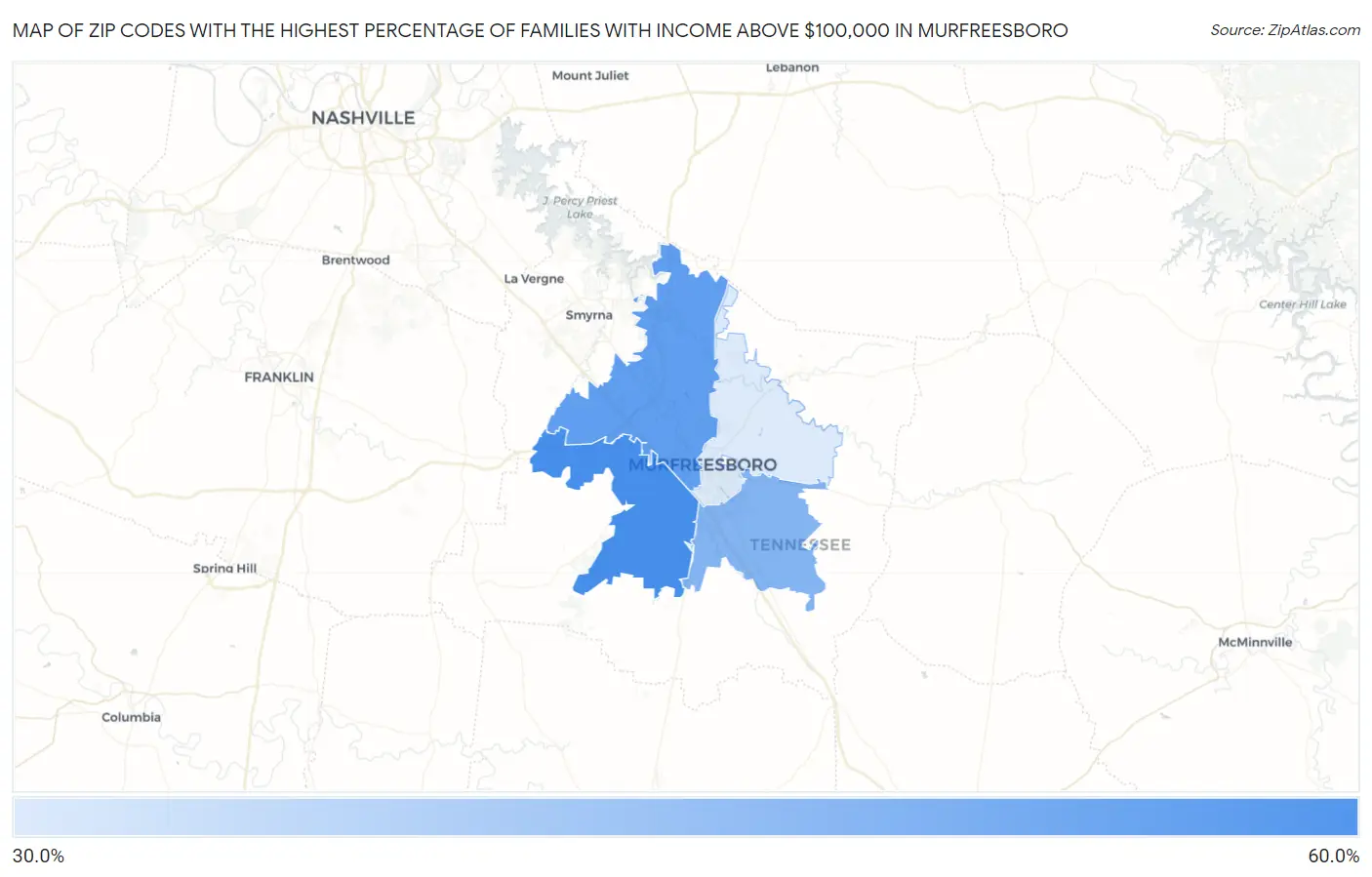 Zip Codes with the Highest Percentage of Families with Income Above $100,000 in Murfreesboro Map