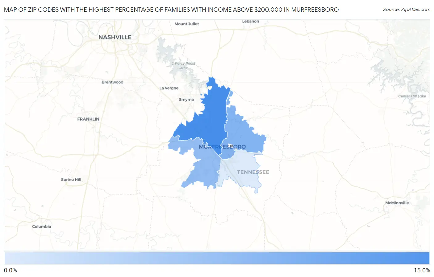 Zip Codes with the Highest Percentage of Families with Income Above $200,000 in Murfreesboro Map