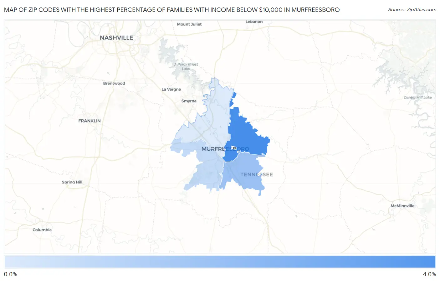 Zip Codes with the Highest Percentage of Families with Income Below $10,000 in Murfreesboro Map
