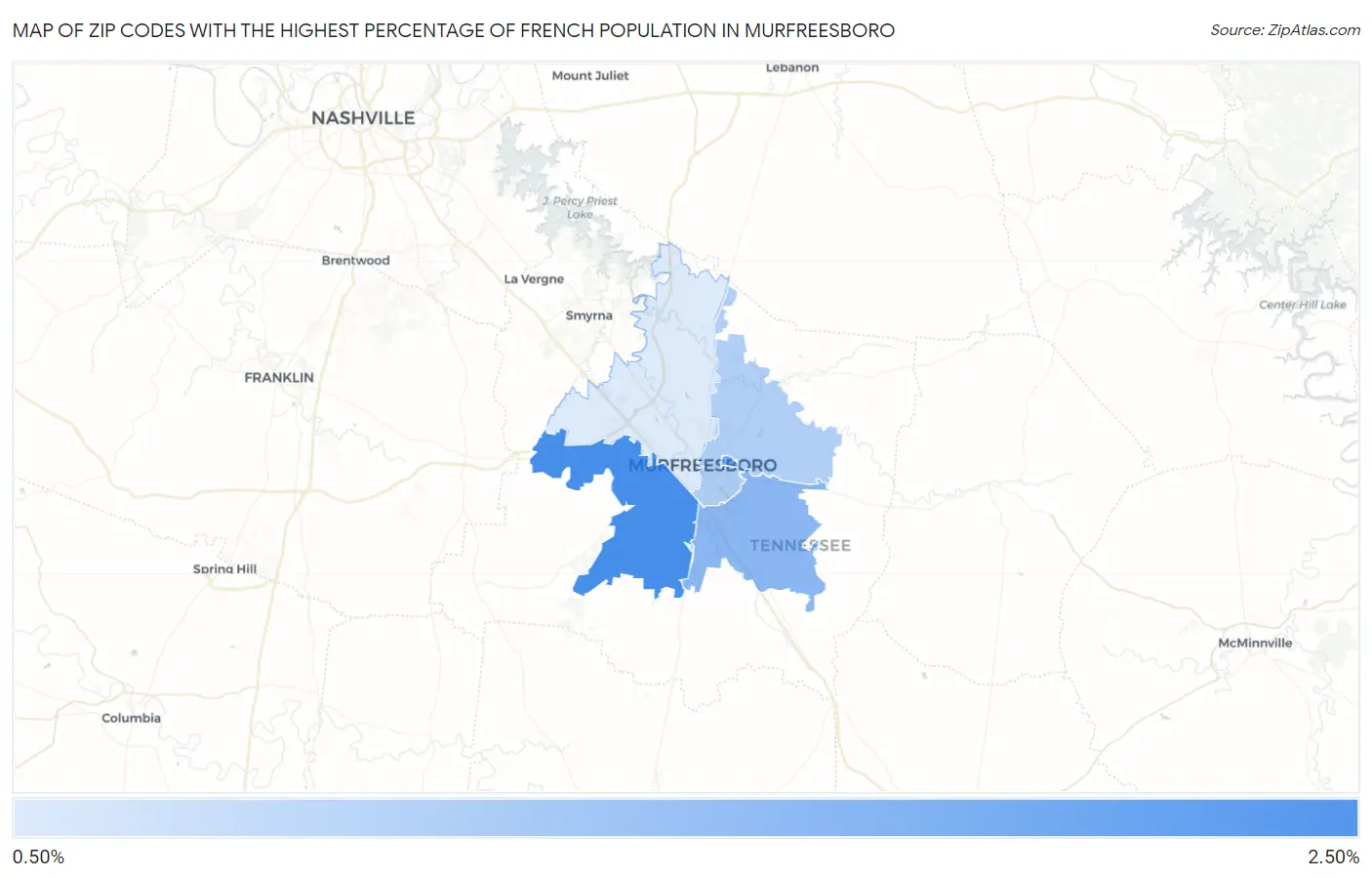 Zip Codes with the Highest Percentage of French Population in Murfreesboro Map
