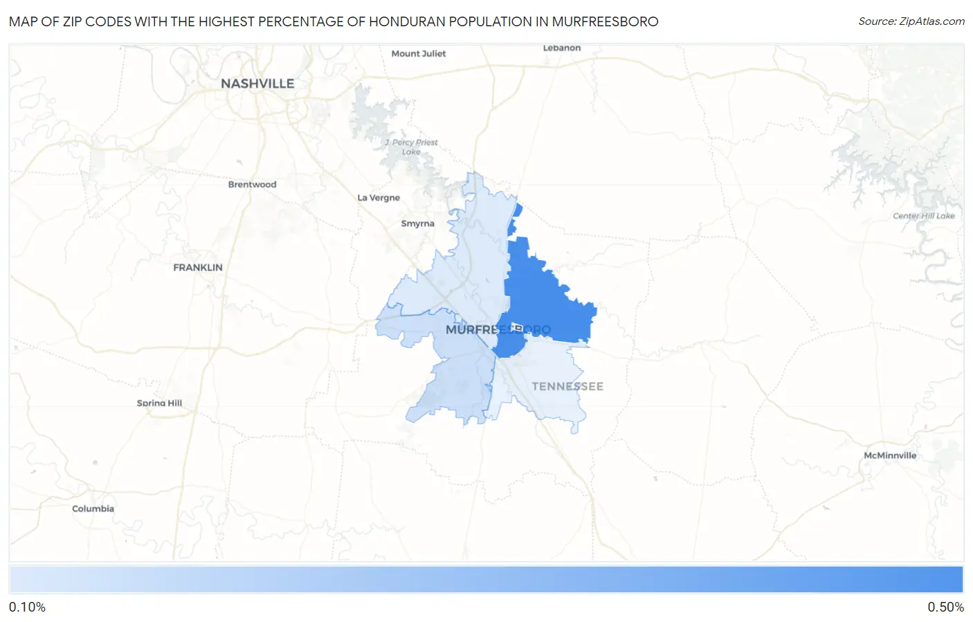 Zip Codes with the Highest Percentage of Honduran Population in Murfreesboro Map