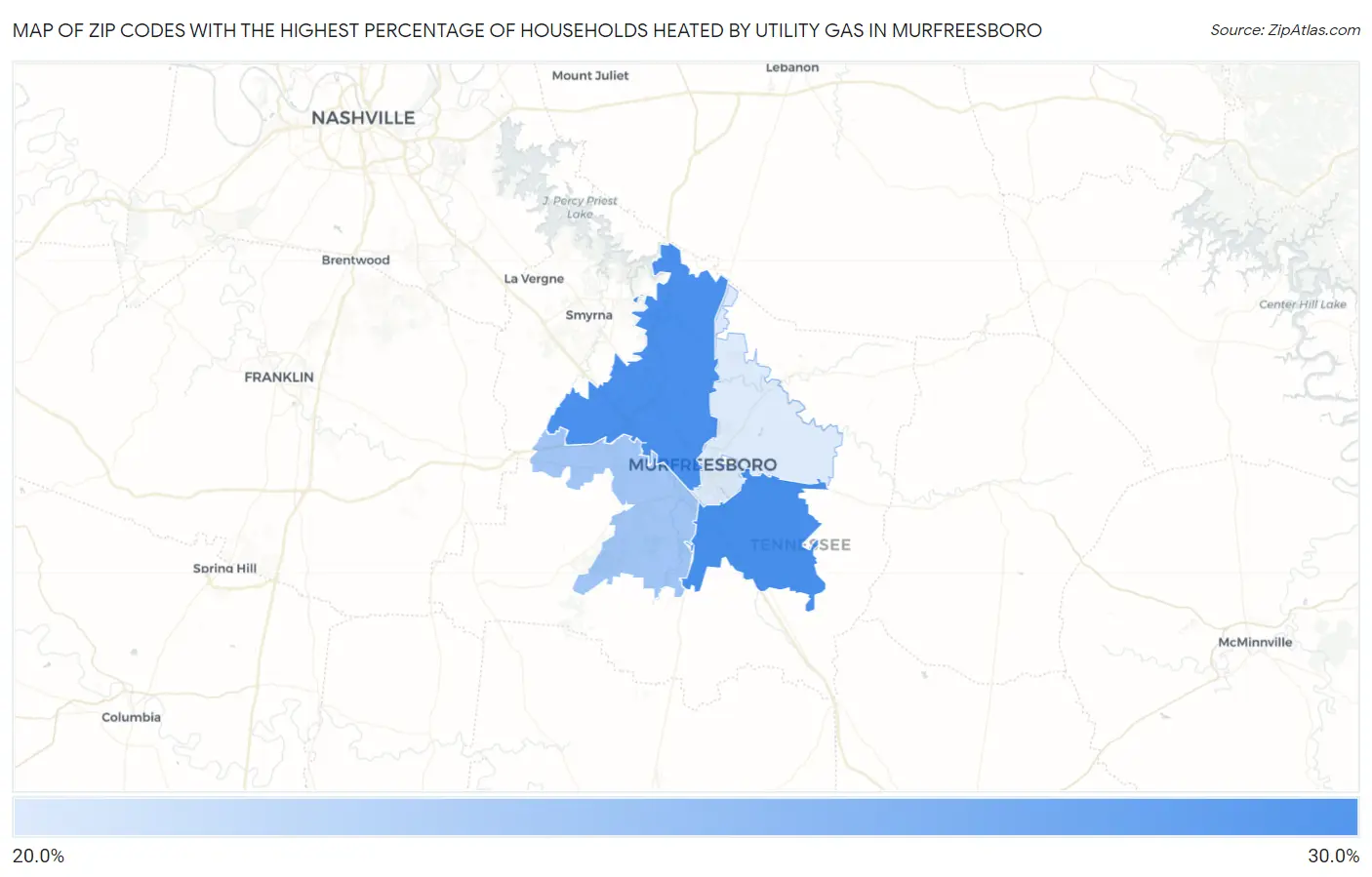 Zip Codes with the Highest Percentage of Households Heated by Utility Gas in Murfreesboro Map