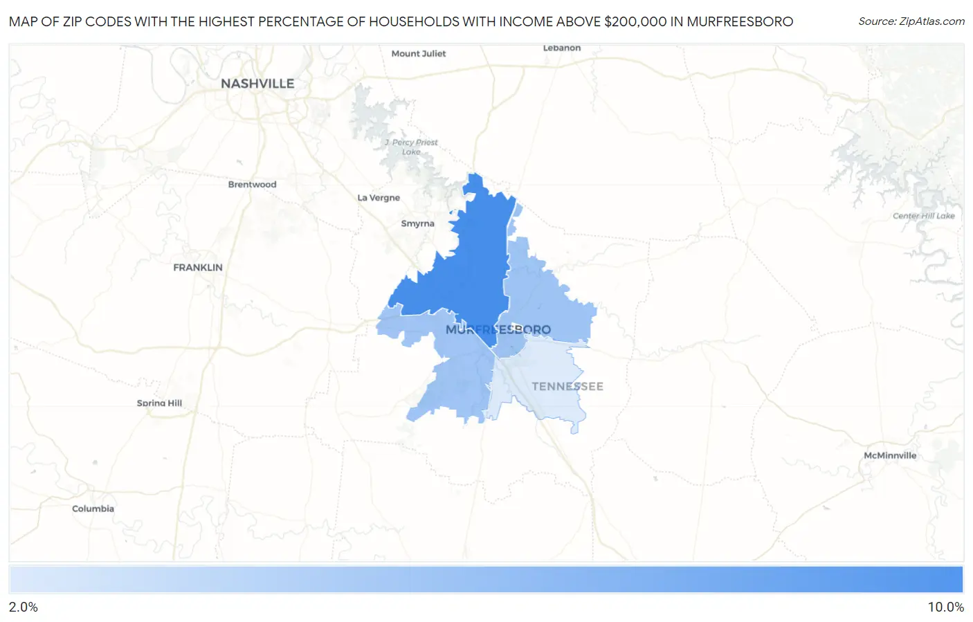 Zip Codes with the Highest Percentage of Households with Income Above $200,000 in Murfreesboro Map