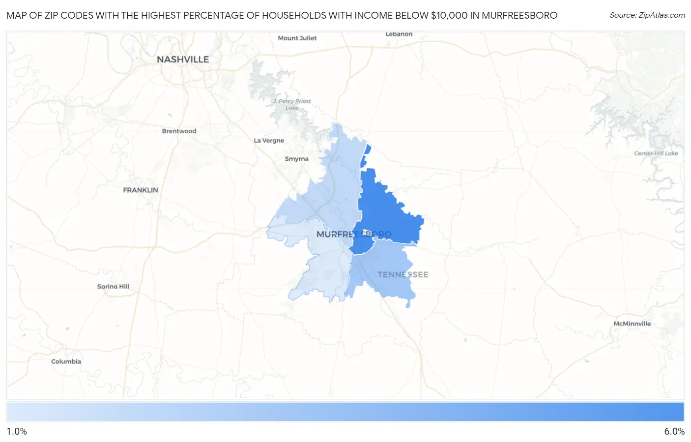 Zip Codes with the Highest Percentage of Households with Income Below $10,000 in Murfreesboro Map