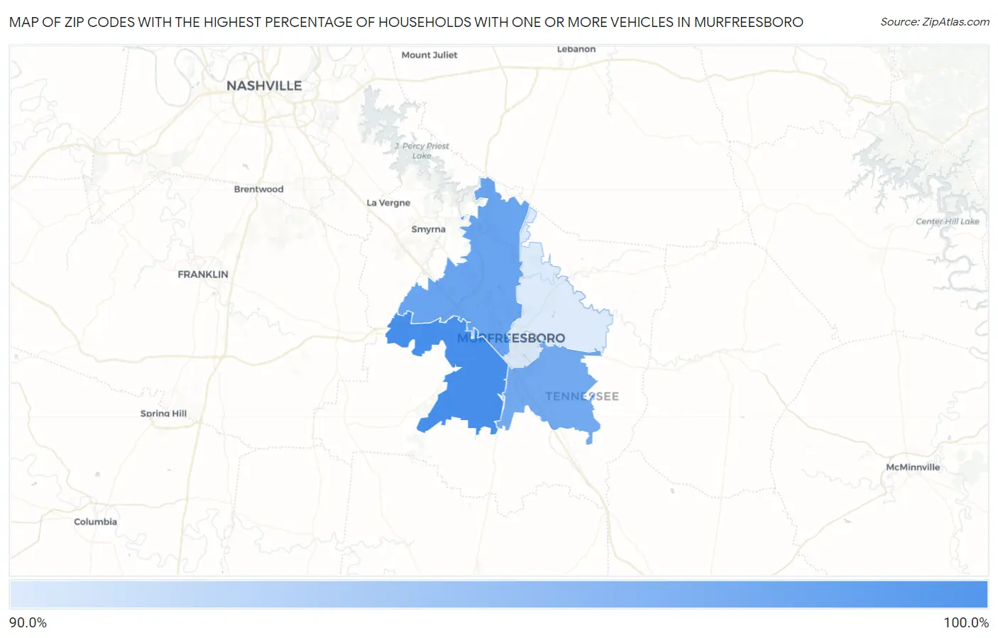 Zip Codes with the Highest Percentage of Households With One or more Vehicles in Murfreesboro Map