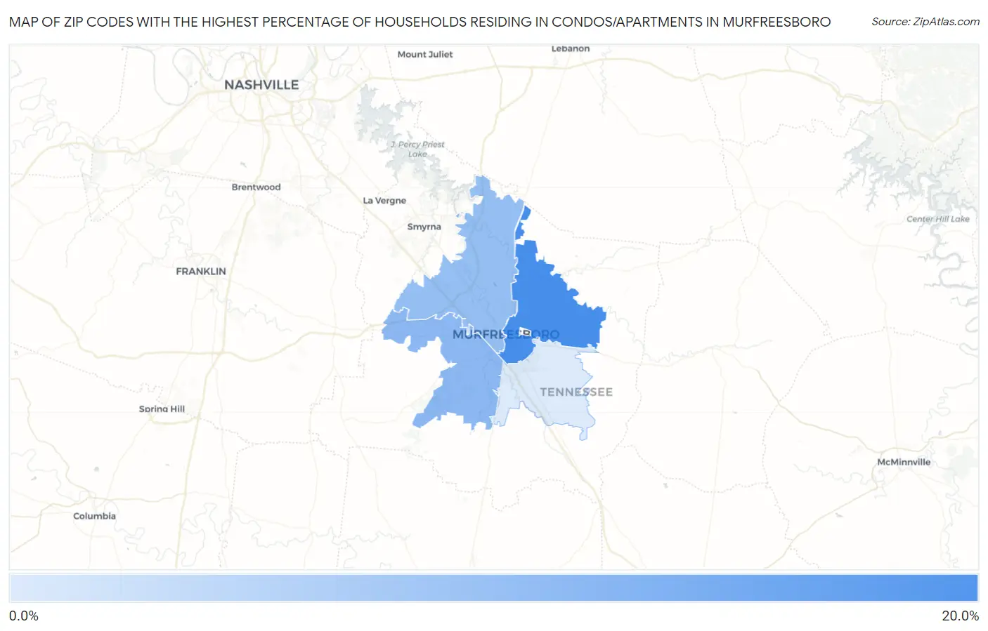 Zip Codes with the Highest Percentage of Households Residing in Condos/Apartments in Murfreesboro Map