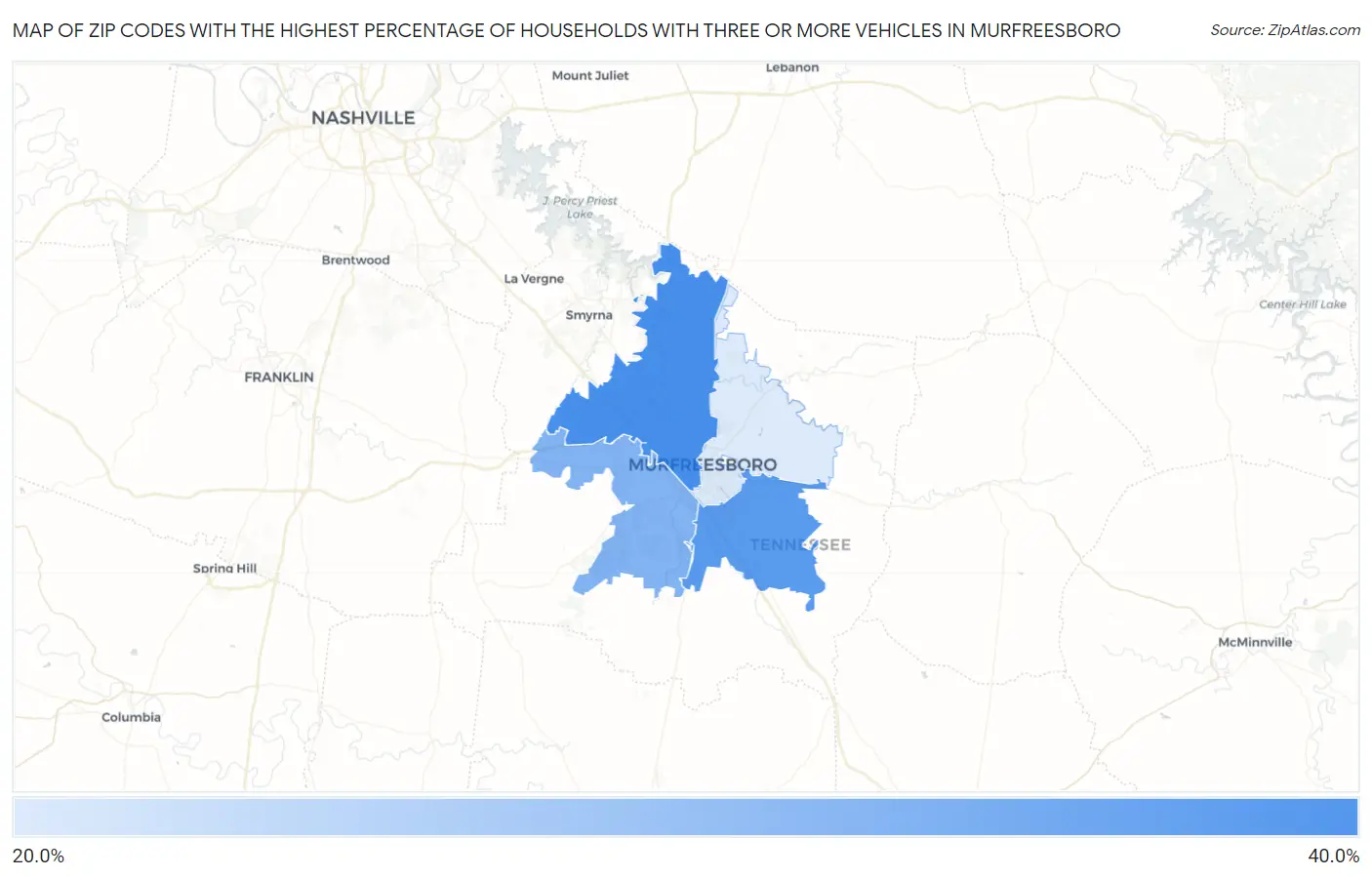 Zip Codes with the Highest Percentage of Households With Three or more Vehicles in Murfreesboro Map