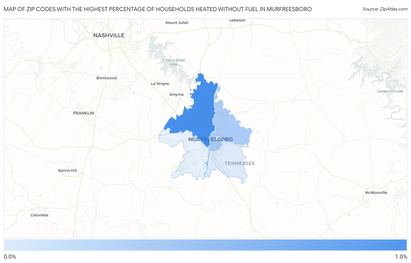 Zip Codes with the Highest Percentage of Households Heated without Fuel in Murfreesboro Map