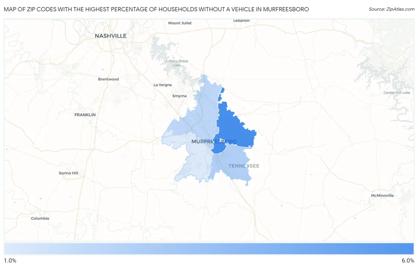 Zip Codes with the Highest Percentage of Households Without a Vehicle in Murfreesboro Map