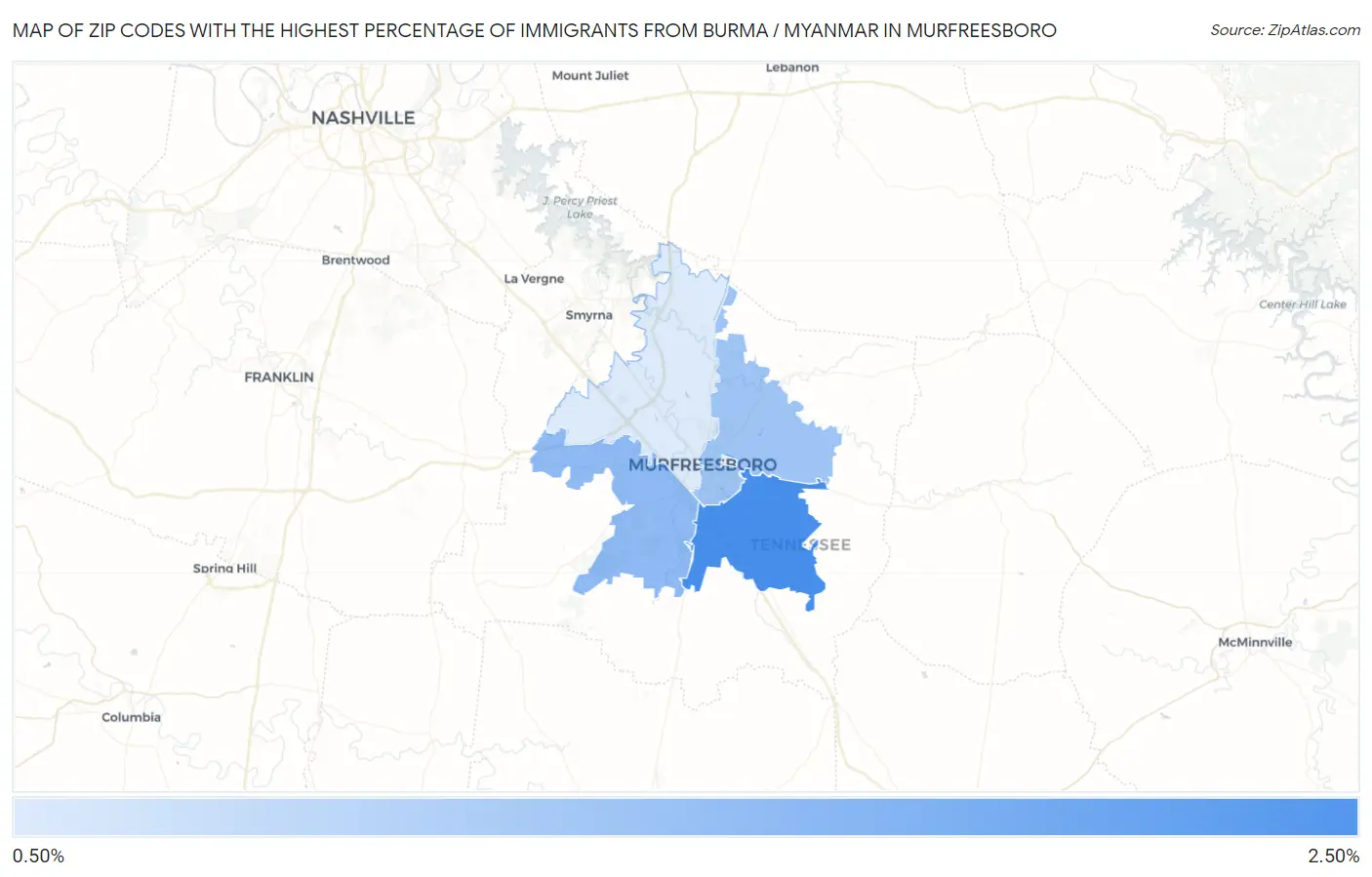 Zip Codes with the Highest Percentage of Immigrants from Burma / Myanmar in Murfreesboro Map