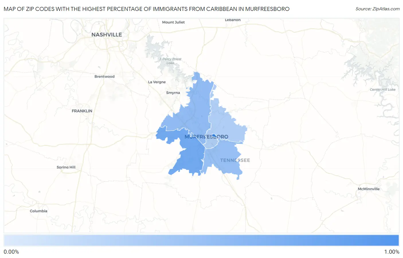 Zip Codes with the Highest Percentage of Immigrants from Caribbean in Murfreesboro Map