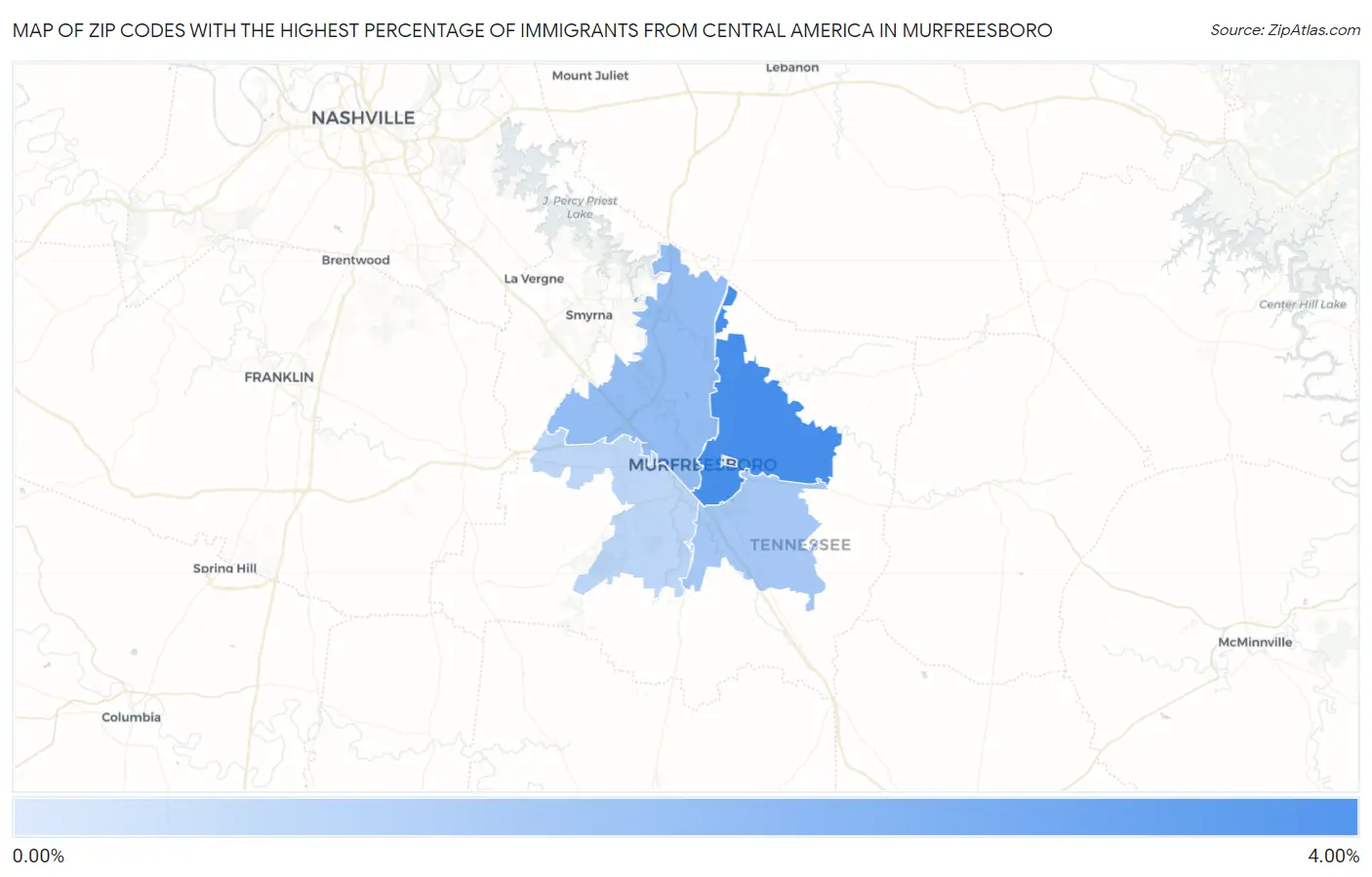 Zip Codes with the Highest Percentage of Immigrants from Central America in Murfreesboro Map